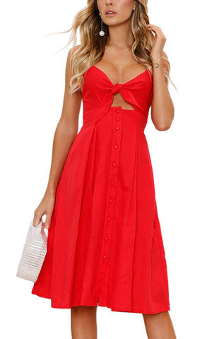 Women Dresses Summer Tie Front V-Neck Spaghetti Strap Button Down A-Line Backless Swing Midi Dress - LaddyModa