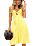 Women Dresses Summer Tie Front V-Neck Spaghetti Strap Button Down A-Line Backless Swing Midi Dress