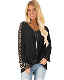 Womens Casual Long Puff Sleeve Waffle Knit Pullover Tunic Tops with Leopard Print