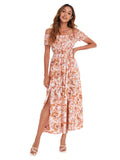 Damen-Boho-Blumendruck, schulterfrei, geteiltes langes A-Linien-Kleid