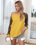 Womens Casual Long Puff Sleeve Waffle Knit Pullover Tunic Tops with Leopard Print