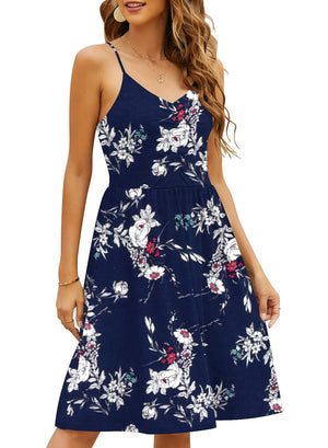 Casual Dresses for Women Sleeveless Cotton Summer Beach Dress A Line Spaghetti Strap Sundresses with Pockets - LaddyModa