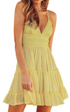 Womens V-Neck Spaghetti Strap Bowknot Backless Sleeveless Lace Mini Swing Skater Dress