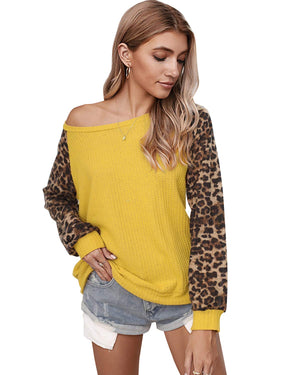 Womens Casual Long Puff Sleeve Waffle Knit Pullover Tunic Tops with Leopard Print