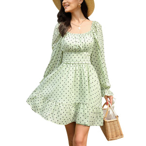 Women Tie Back Summer Dresses Long Lantern Sleeve Square Neck Ruffle Elastic Waist Aline Casual Mini Dress - LaddyModa