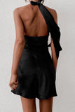 Cuello de capucha de mujer Halterneck Slip On Backless Satin Mini Dress Sexy Silky Party Club Bodycon Vestidos 0213