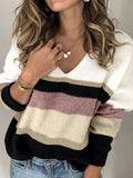 Laddymoda Striped V-neck Color Block Sweater, Casual Long Sleeve Loose Fall Winter Knit Sweater, Women's Clothing