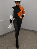 Suéter Laddymoda para mujer, informal, cuello alto, bloque de color, manga larga, suelto, para otoño e invierno