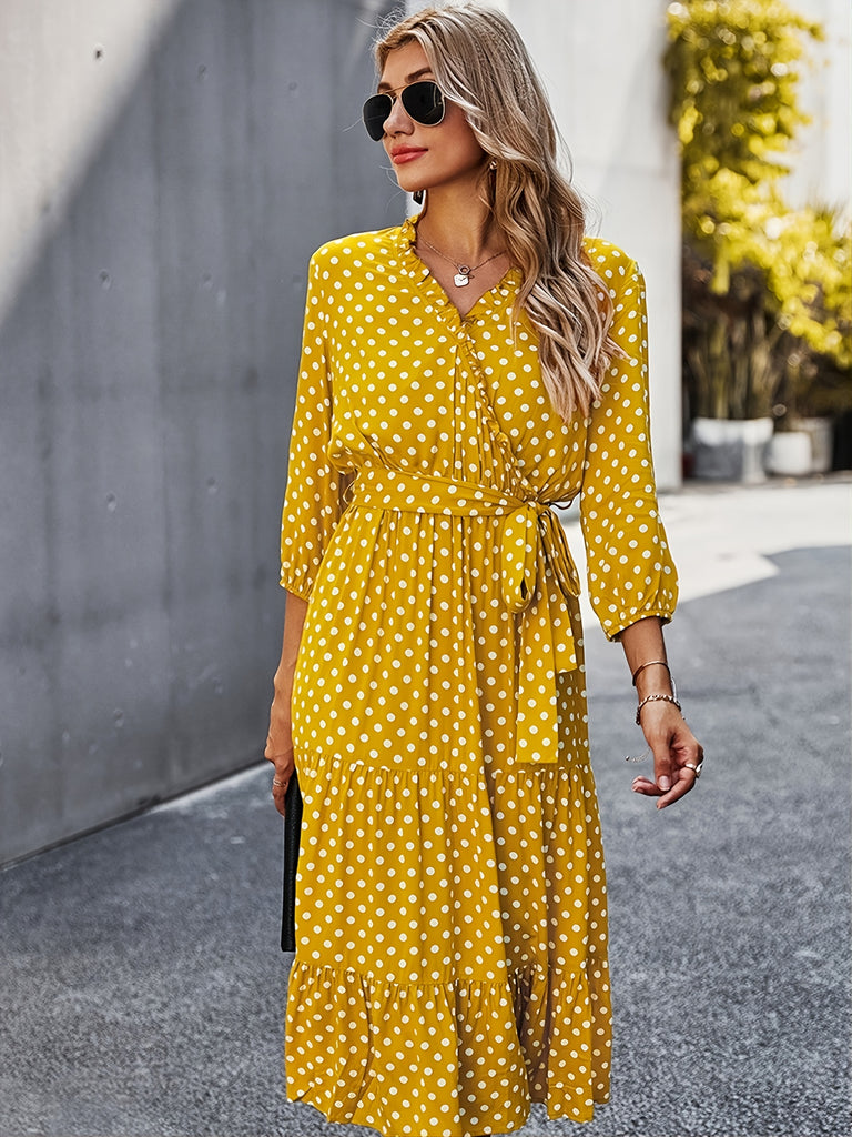 Laddymoda Polka Dot Midi Dress, V-Neck Tie Waste Dress, Casual Dresses LaddyModa Laddymoda Polka Dot Midi Dress, V-Neck Tie Waste Dress, Casual Dresses LaddyModa