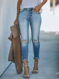 Laddymoda Jeans ajustados elásticos de cintura media con curvas para mujer Jeans rasgados con dobladillo sin rematar en azul lavado