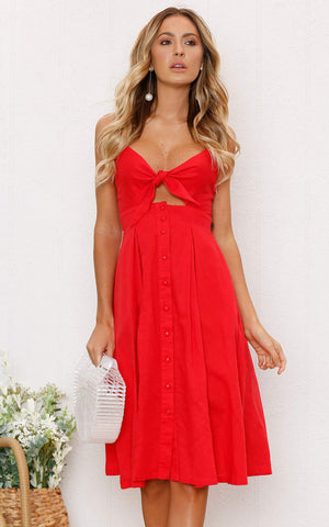 Women Dresses Summer Tie Front V-Neck Spaghetti Strap Button Down A-Line Backless Swing Midi Dress - LaddyModa