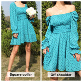 Women Tie Back Summer Dresses Long Lantern Sleeve Square Neck Ruffle Elastic Waist Aline Casual Mini Dress