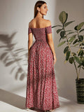 Women's Boho Floral Print Off Shoulder Split Long A Line Dress