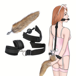 Laddymoda 1Set, BDSM Beginner's Simple Suit, Handcuffs And Mouth Plugs, Tail Anal Plug, Adult Sex Toys