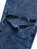 Laddymoda Jeans a gamba dritta lavati strappati Pantaloni alla moda da donna tinta unita non elasticizzati in denim