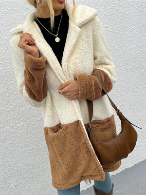 Laddymoda Damen farblich passender Revers doppelseitiger Samtpullover mit großen Taschen