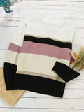 Laddymoda Striped V-neck Color Block Sweater, Casual Long Sleeve Loose Fall Winter Knit Sweater, Vêtements pour femmes