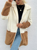 Laddymoda Women's Color Matching Lapel Double-Sided Velvet Large Pocket Jacket Sweater