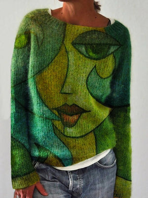 Laddymoda Women's Sweater Casual Floral Print Knit Crew Neck Long Sleeve Loose Fall Winter Sweater