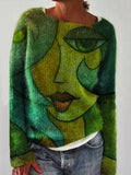 Laddymoda Pull pour femme décontracté imprimé floral en tricot col rond à manches longues lâche automne hiver pull