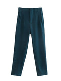 Femmes Bleu Clair Chic Mode Bureau Porter Pantalon Droit Vintage Taille Haute Zipper Mouche Pantalon Féminin Mode 2022