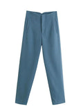 Women Light Blue Chic Fashion Office Wear Straight Pants Vintage High Waist Zipper Fly Female Trousers Fashion 2022