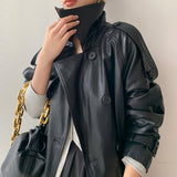 2023 Fall /Autumn leather Maxi Long Trench Coat With Belt Chic Female Windbreaker Classic