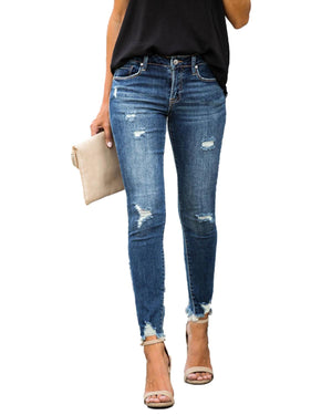Laddymoda New Mid Waist Skinny Jeans Women Vintage Distressed Denim Pants Holes Destroyed Pencil Pants Casual Trousers summer Ripped Jeans - LaddyModa