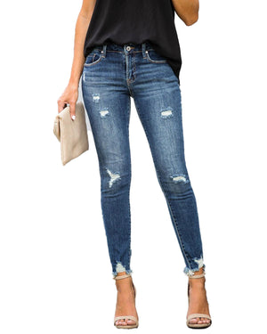 Laddymoda New Mid Waist Skinny Jeans Women Vintage Distressed Denim Pants Holes Destroyed Pencil Pants Casual Trousers summer Ripped Jeans - LaddyModa