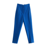 Femmes Bleu Clair Chic Mode Bureau Porter Pantalon Droit Vintage Taille Haute Zipper Mouche Pantalon Féminin Mode 2022