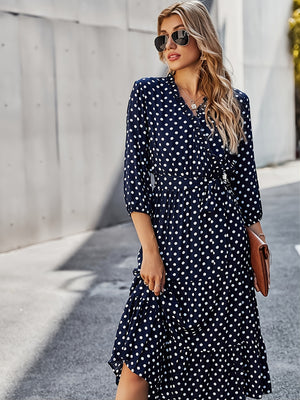 Laddymoda Polka Dot Midi Dress, V-Neck Tie Waste Dress, Casual Dresses For Spring & Fall, Women's Clothing - LaddyModa