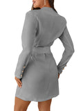 Laddymoda Women's Outerwear Elegant Solid V-neck Casual Fashion Long Sleeve Waist Button Formal Blazer Jacket