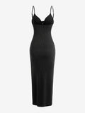 Laddymoda Sexy Spaghetti Strap Ribbed Knot Cutout Side Split Maxi Dress, Solid Body-Con Dress For Spring & Fall, Women's Clothing