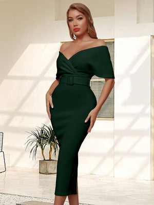 Laddymoda Women's Dresses Bird Surplice Neck Off Shoulder Backless Belted Dresses - LaddyModa