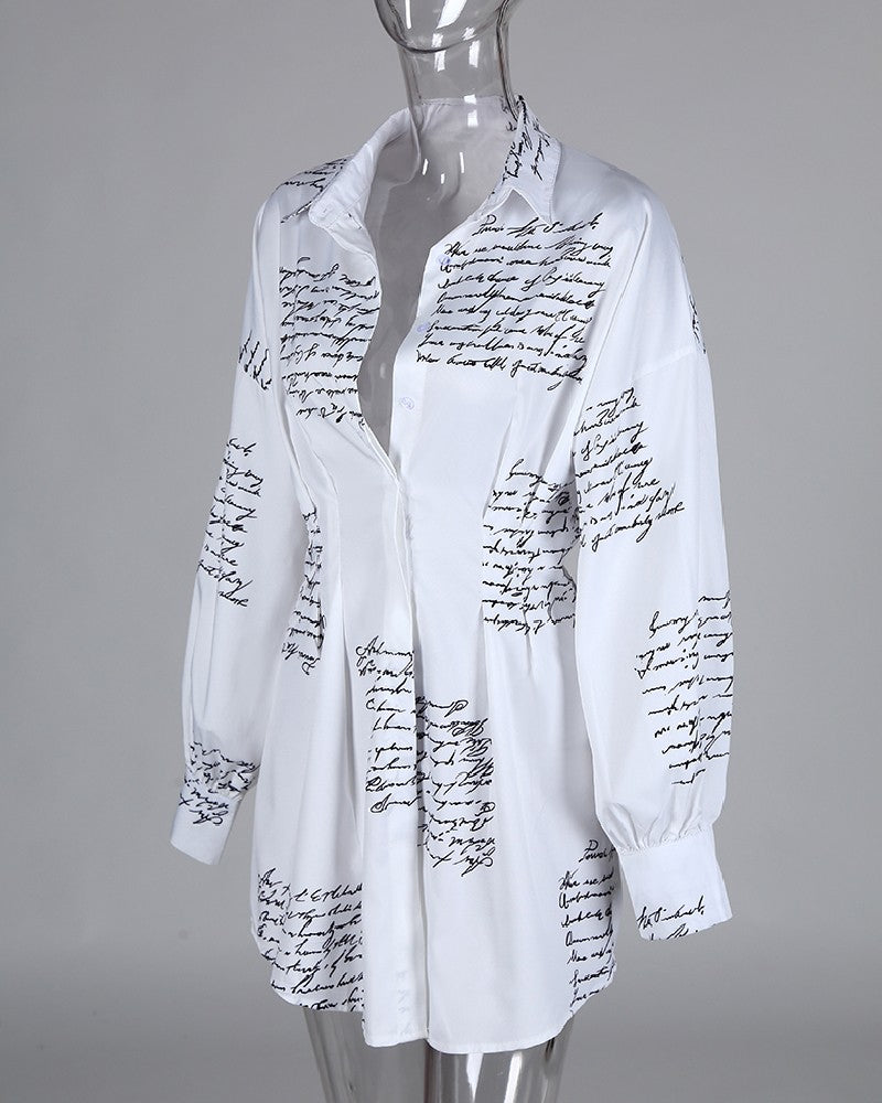 letter print tight waist shirt dress Office Chic: Shirt Dress for Women - Tight Waist, Long Sleeve, Perfect for Spring/Summer