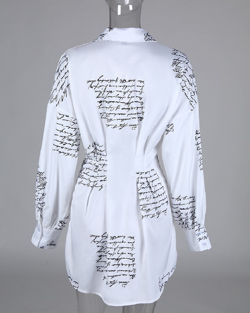 letter print tight waist shirt dress Glamaker | Dresses | Glamaker Womens White Printed Script Buttonup Shirt Dress W Pleated Waist M