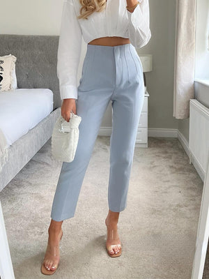 Women Light Blue Chic Fashion Office Wear Straight Pants Vintage High Waist Zipper Fly Female Trousers Fashion 2026 - LaddyModa