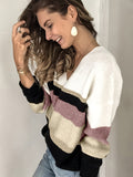 Laddymoda Striped V-neck Color Block Sweater, Casual Long Sleeve Loose Fall Winter Knit Sweater, Vêtements pour femmes