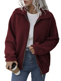 Laddymoda Vêtements d’extérieur pour femmes Mock Neck Fluffy Jacket Long Sleeve Zipper Teddy Thermal Coat Solid Casual Jacket
