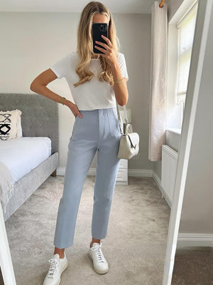 Women Light Blue Chic Fashion Office Wear Straight Pants Vintage High Waist Zipper Fly Female Trousers Fashion 2026 - LaddyModa