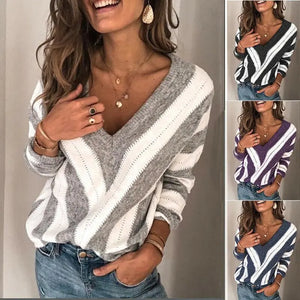 Striped V Neck Sweater Loose Knitted garmentsdl