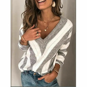 Striped V Neck Sweater Loose Knitted garmentsdl