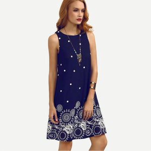 Sleeveless Printing Slim Round Neck Dresses garmentsdl